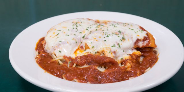 Chicken Parmesan over Spaghetti