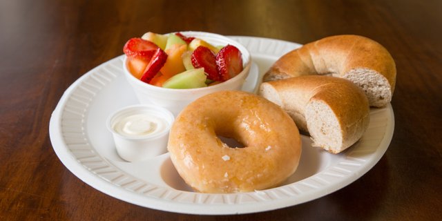 Bagels, Fruit, Doughnuts & Juice