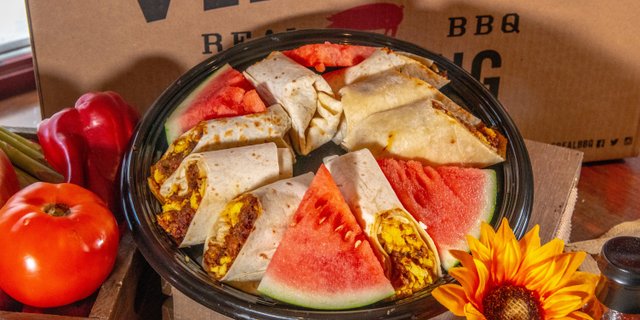 BBQ Brisket Hash, Egg & Cheese Breakfast Burritos