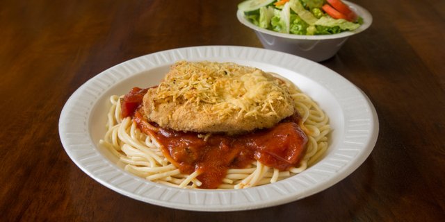 Chicken Parmesan, Spaghetti & Salad
